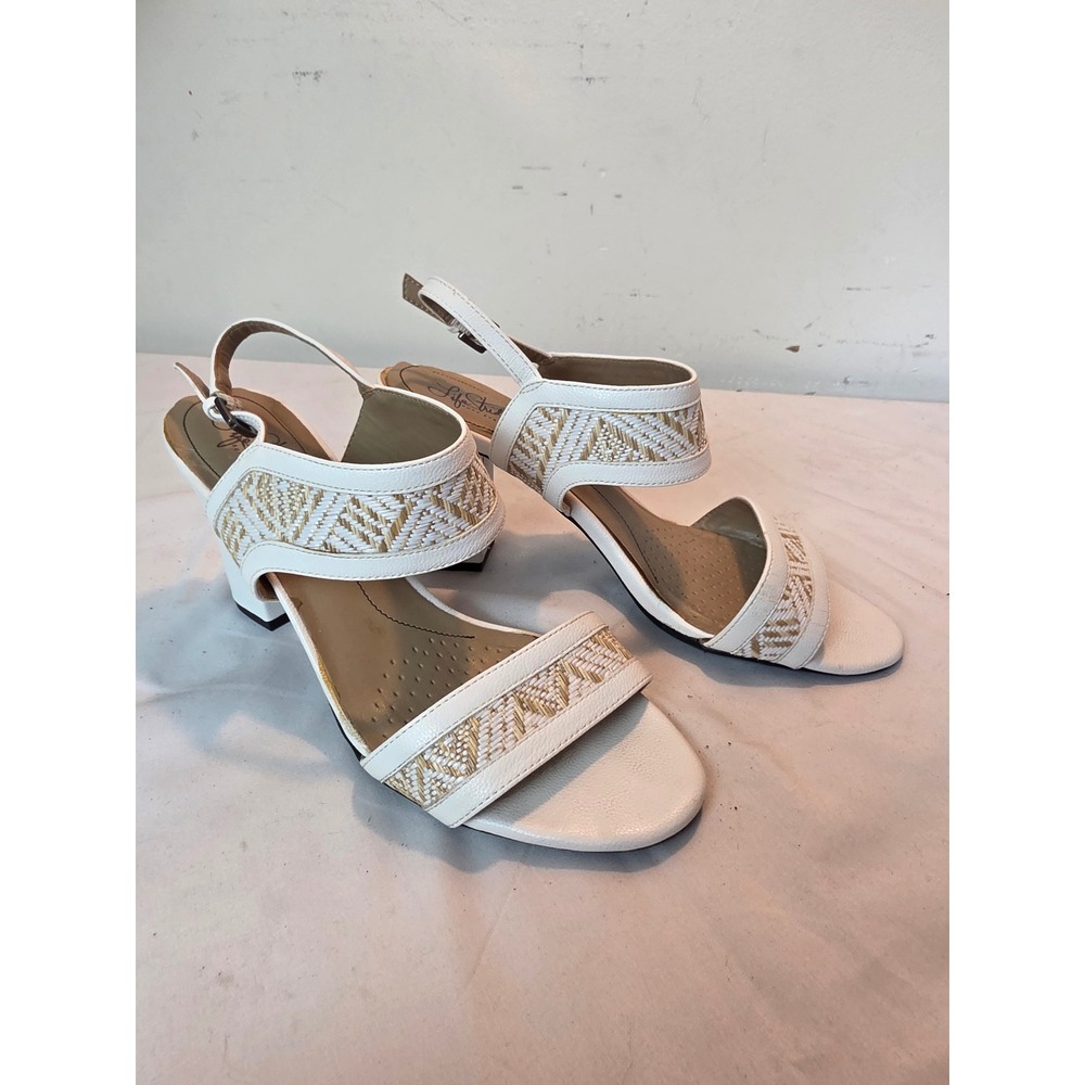 LifeStride Soft System Luna White Woven Block Heel Slingback Sandals Womens 10M